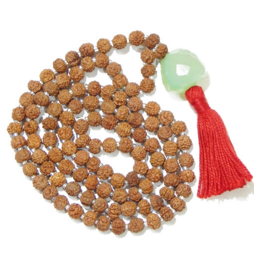 Picture of Rudraksha Mala mit facettiertem Aqua-Onyx-Trommelanhänger
